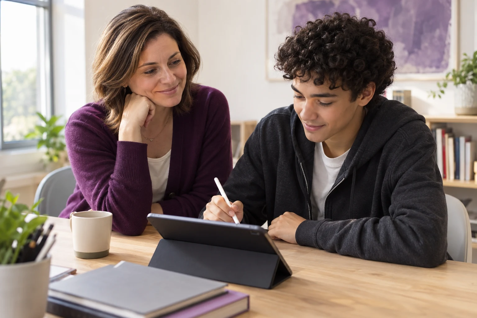 A learning specialist and a teenage student explore an idea together at a tablet.